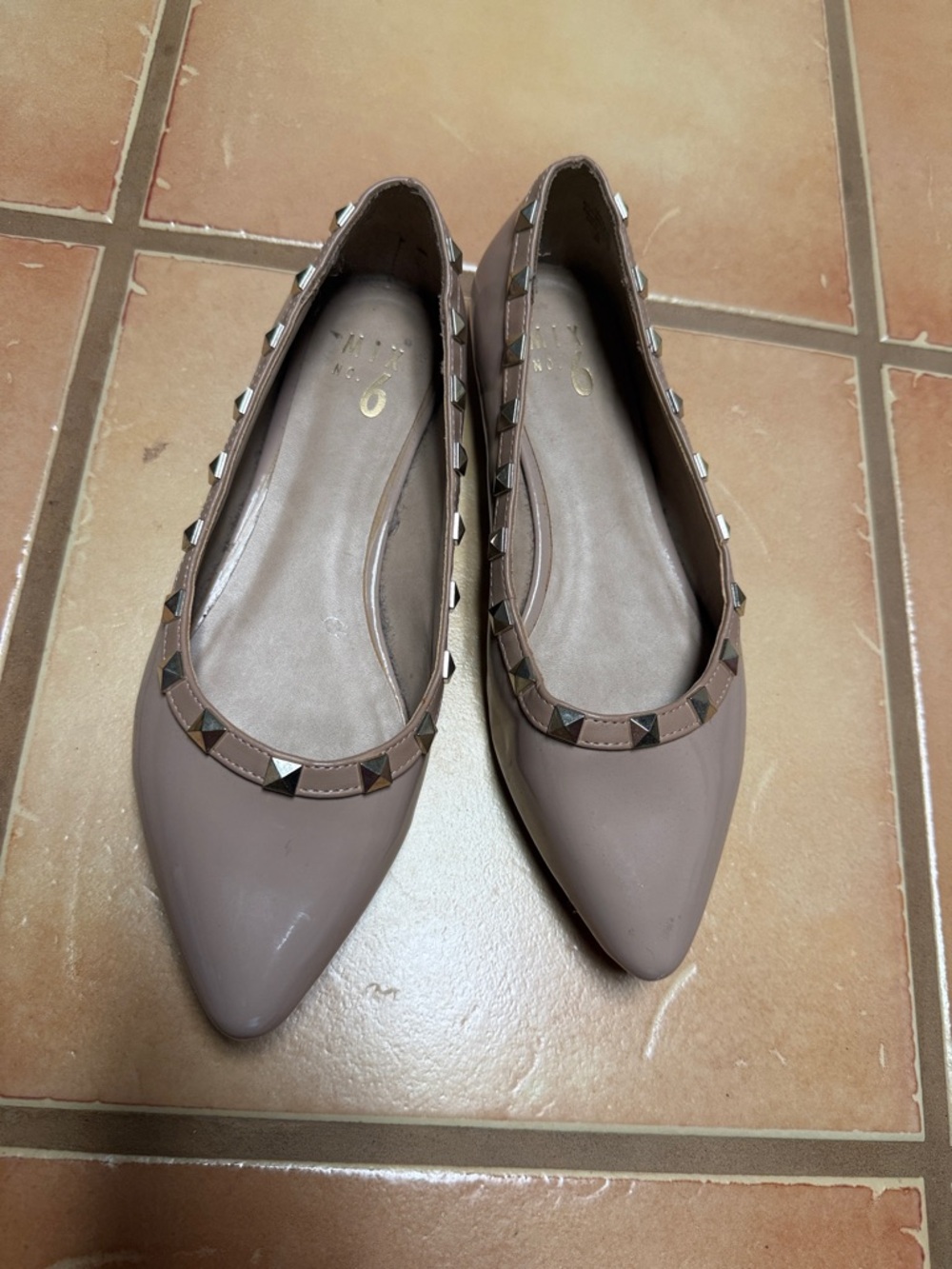 Mix No. 6 Pointed Toe Stud-Trim Flats - Taupe - worn once